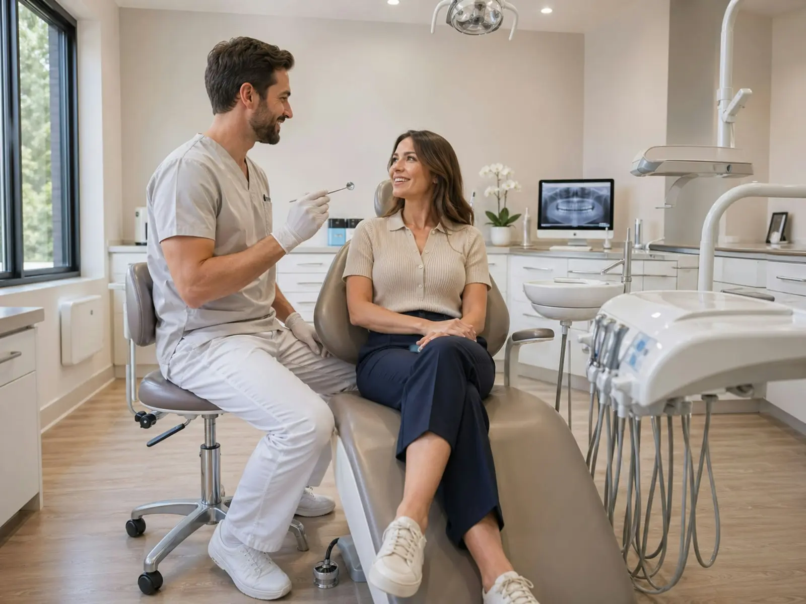 Dentista conversando con una paciente en una consulta dental luminosa (foto de referencia)